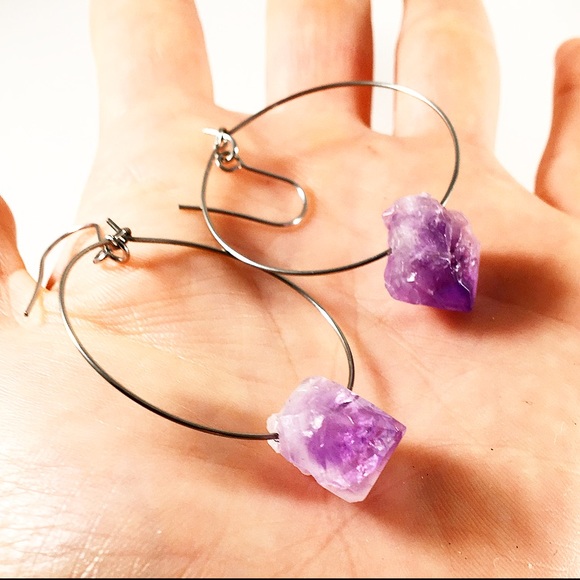 Amethyst Crystal Hoop Earrings - Picture 4 of 6